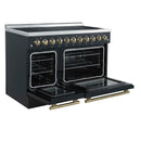 Forno 5-Piece Appliance Package - 48-Inch Electric Range, Wall Mount Range Hood, 36-Inch Refrigerator, Dishwasher, and 24-Inch Microwave Drawer in Black with Antique Brass Handle