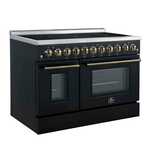 Forno Paolo 48-Inch Freestanding Electric Range with 6.7 Cu.Ft True Convection Oven in Black with Antique Brass Handle (FFSEL6011-48BLK)