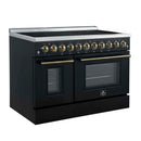 Forno 4-Piece Appliance Package - 48-Inch Electric Range, Wall Mount Range Hood, 60-Inch Refrigerator, and Dishwasher in Black with Antique Brass Handle