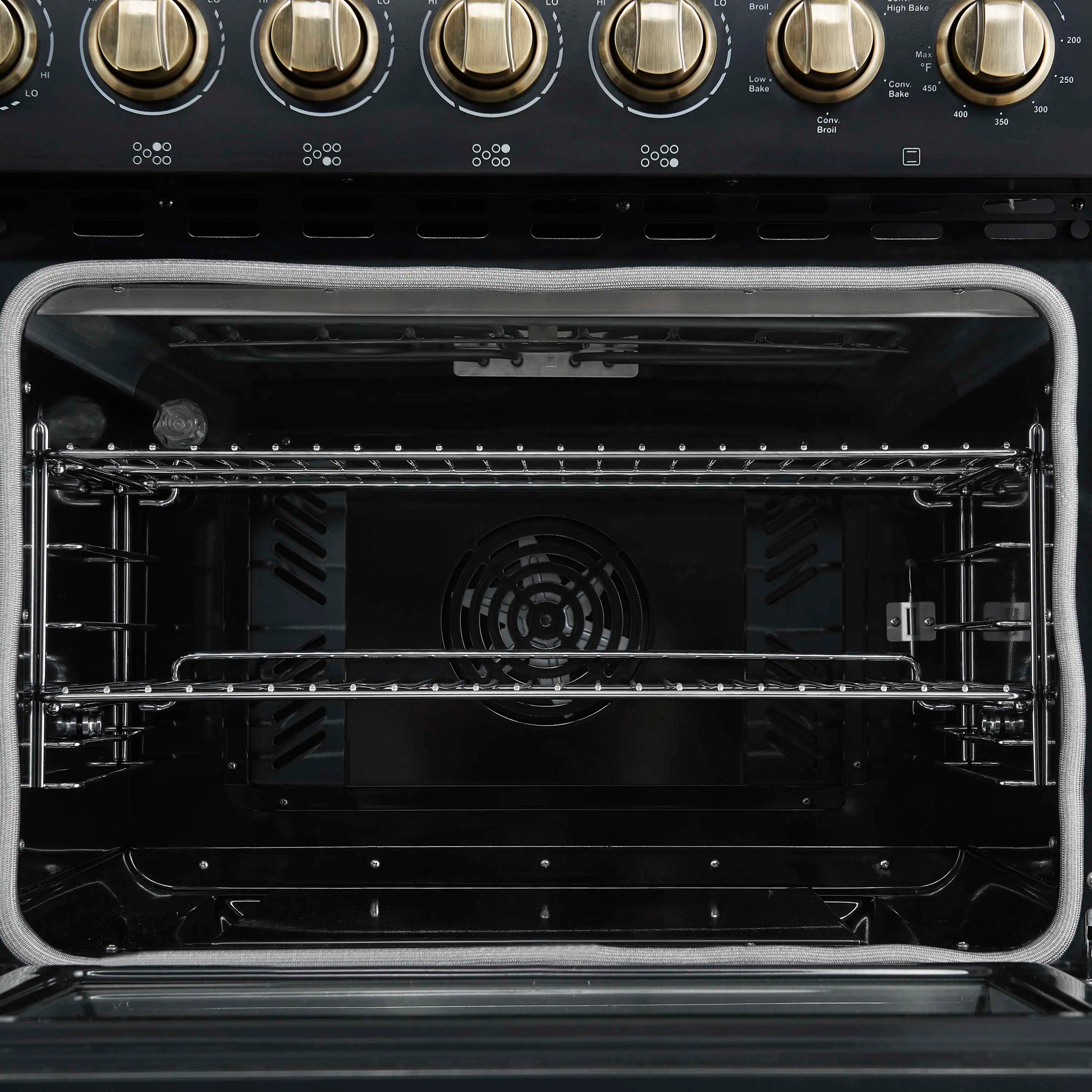 Electric oven cavity with wire racks and circular convection fan in back
