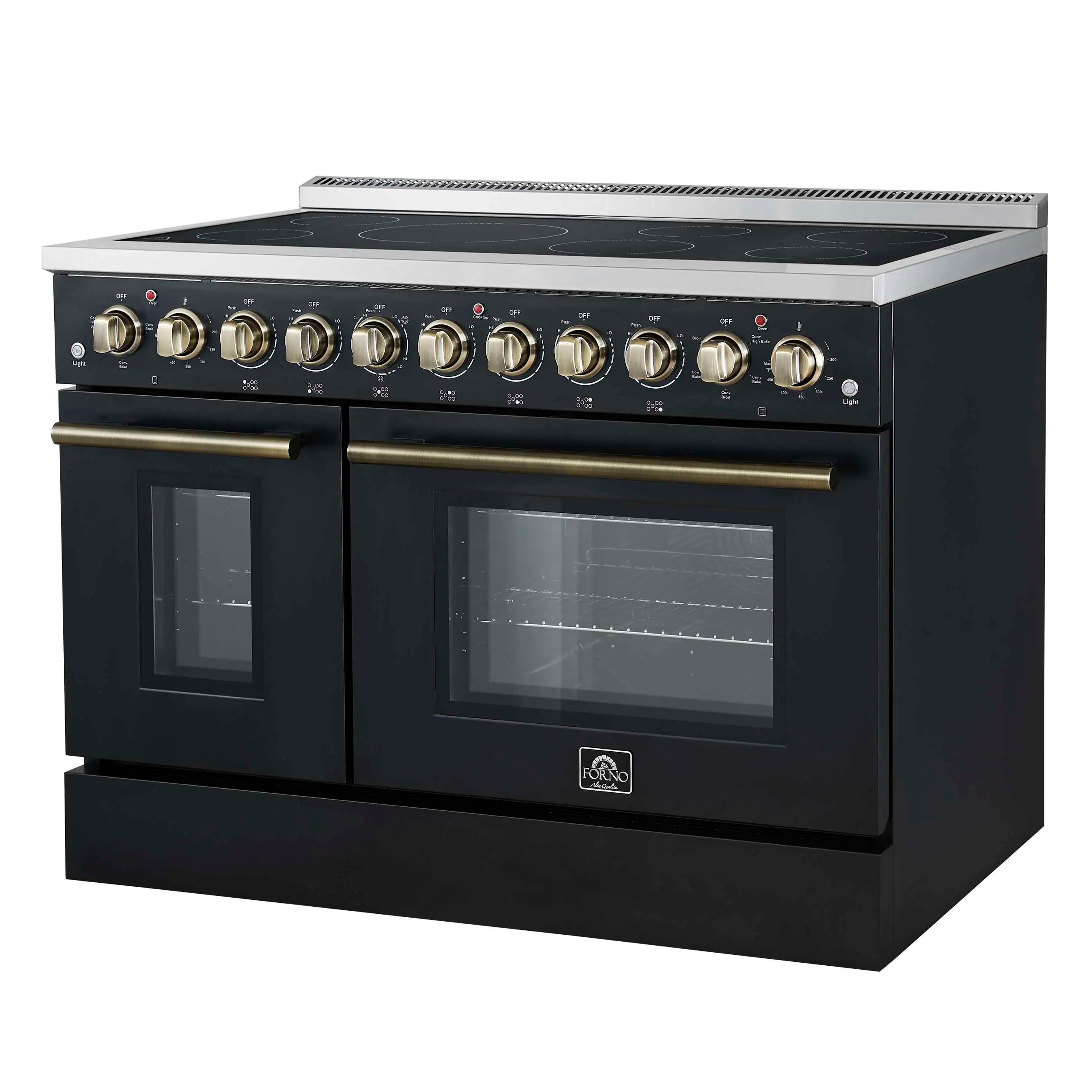 Black freestanding electric range with glass oven window and brass control knobs