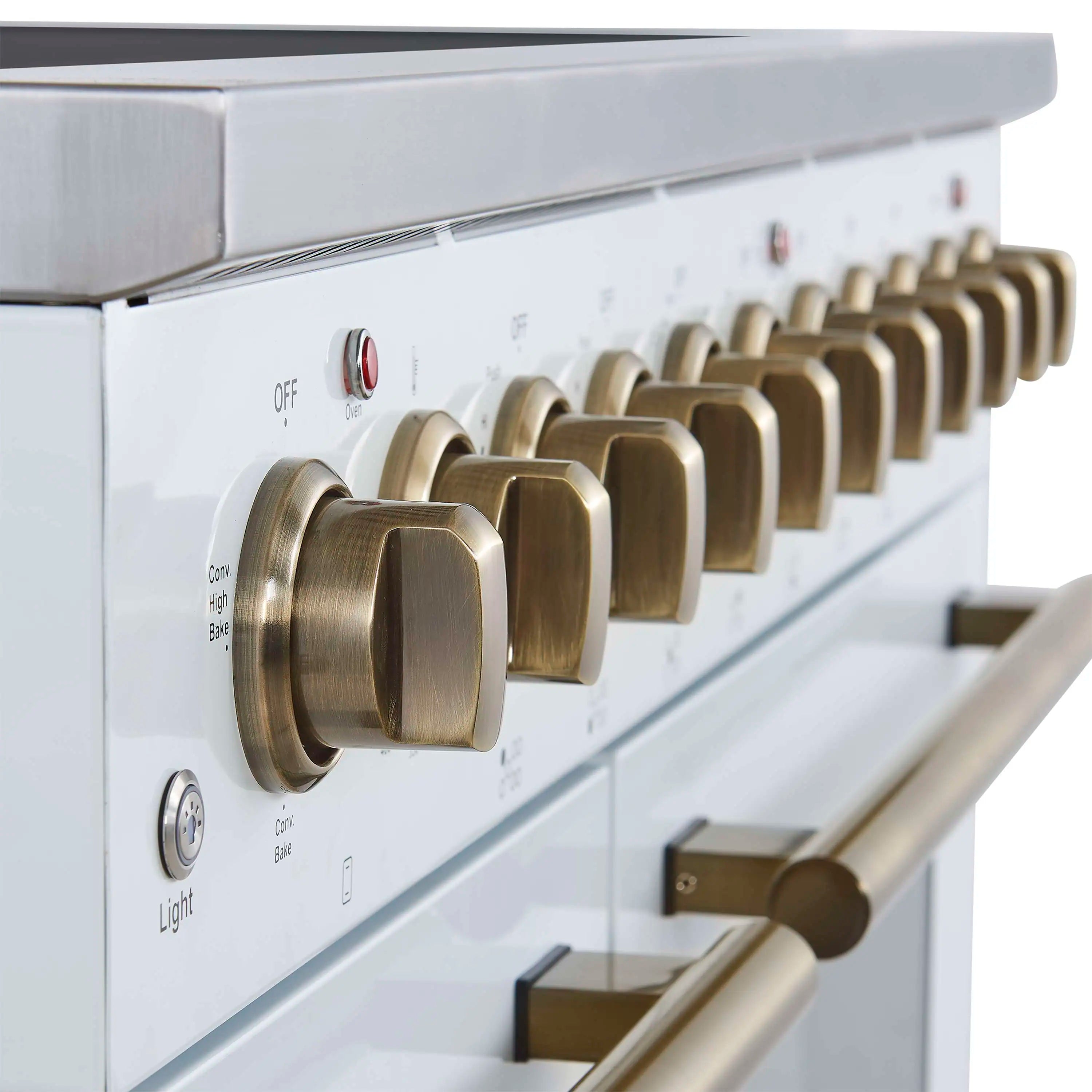 White electric range control panel with brass knobs and labeled settings