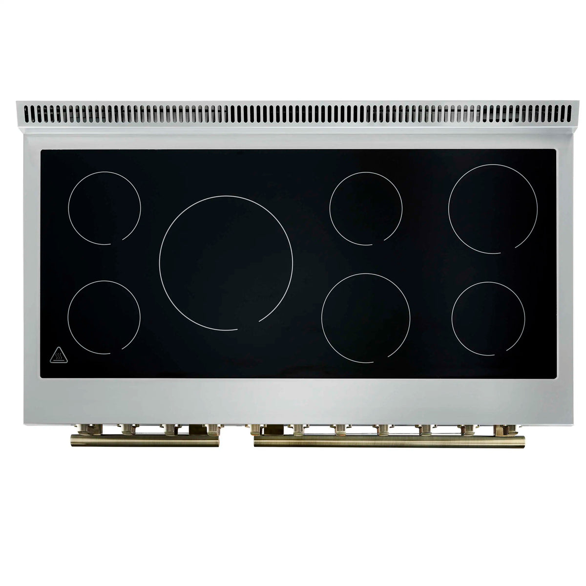 White freestanding electric range with black glass cooktop and brass control knobs