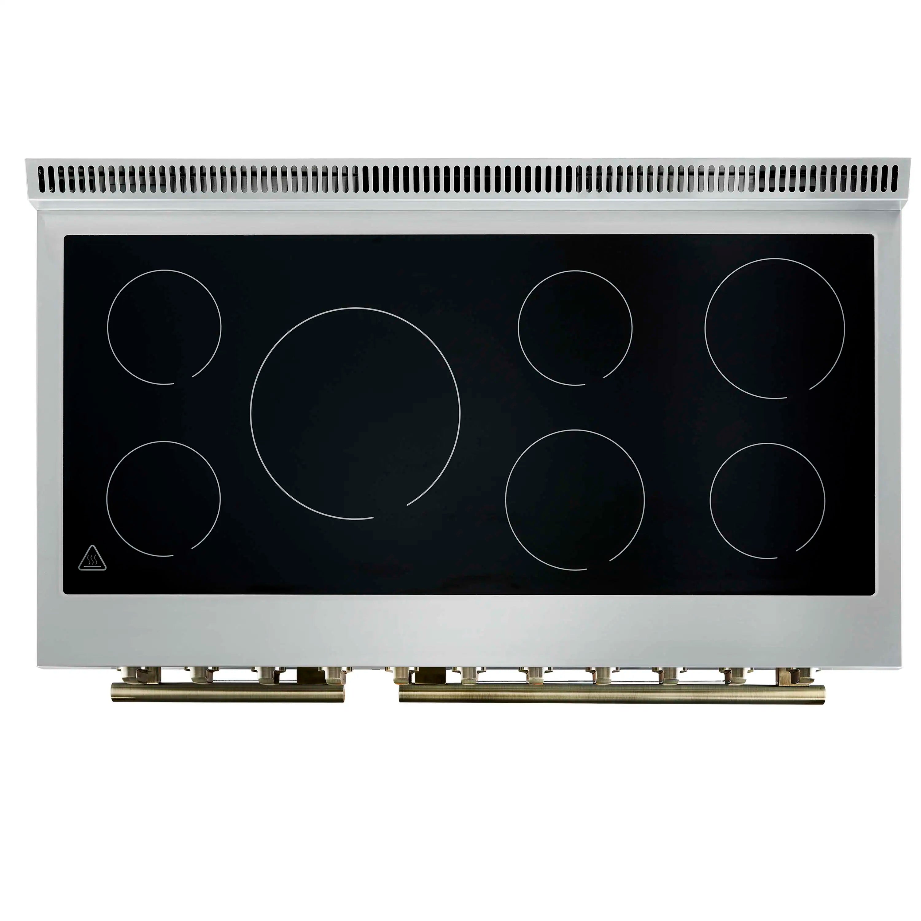 White electric range cooktop with five black glass burners