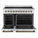 Forno 5-Piece Appliance Package - 48-Inch Electric Range, Wall Mount Range Hood, 36-Inch Refrigerator, Dishwasher, and 24-Inch Microwave Drawer in White with Antique Brass Handle