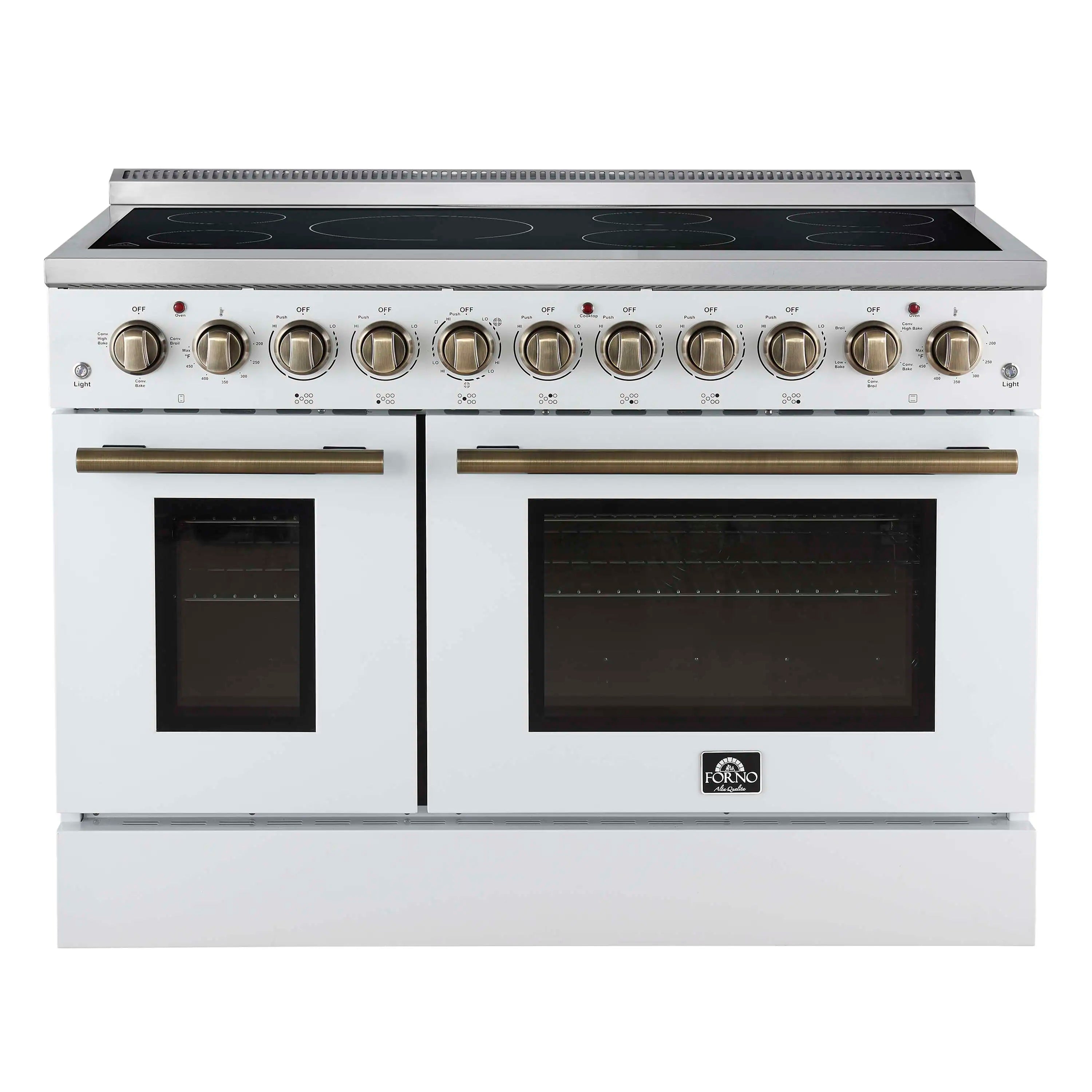 White freestanding electric range with dual ovens, glass doors, and brass handle