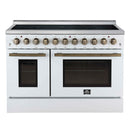 Forno 4-Piece Appliance Package - 48-Inch Electric Range, Wall Mount Range Hood, 36-Inch Refrigerator, and Dishwasher in White with Antique Brass Handle