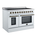 Forno 5-Piece Appliance Package - 48-Inch Electric Range, Wall Mount Range Hood, 60-Inch Refrigerator, Dishwasher, and 30-Inch Microwave Drawer in White with Antique Brass Handle