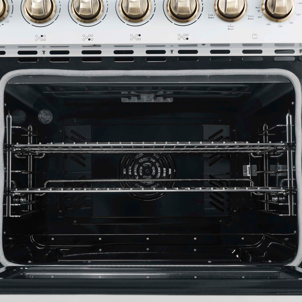 Convection oven cavity interior with rear fan and dark enamel walls