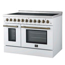 Forno 4-Piece Appliance Package - 48-Inch Electric Range, Wall Mount Range Hood, 36-Inch Refrigerator, and Dishwasher in White with Antique Brass Handle