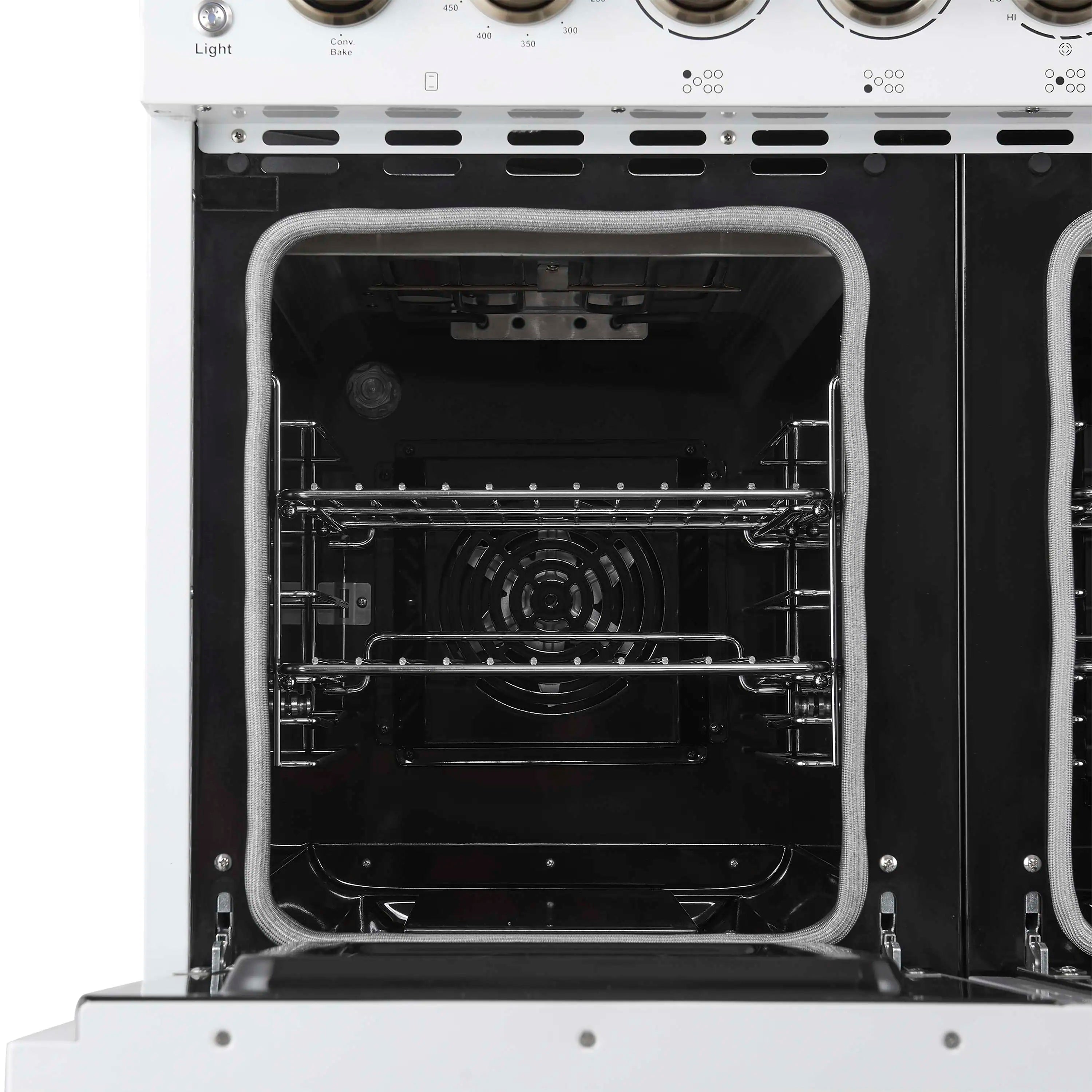 Electric range oven door open showing back fan and upper rack rails