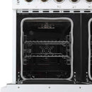 Forno 5-Piece Appliance Package - 48-Inch Electric Range, Wall Mount Range Hood, 60-Inch Refrigerator, Dishwasher, and 24-Inch Microwave Drawer in White with Antique Brass Handle