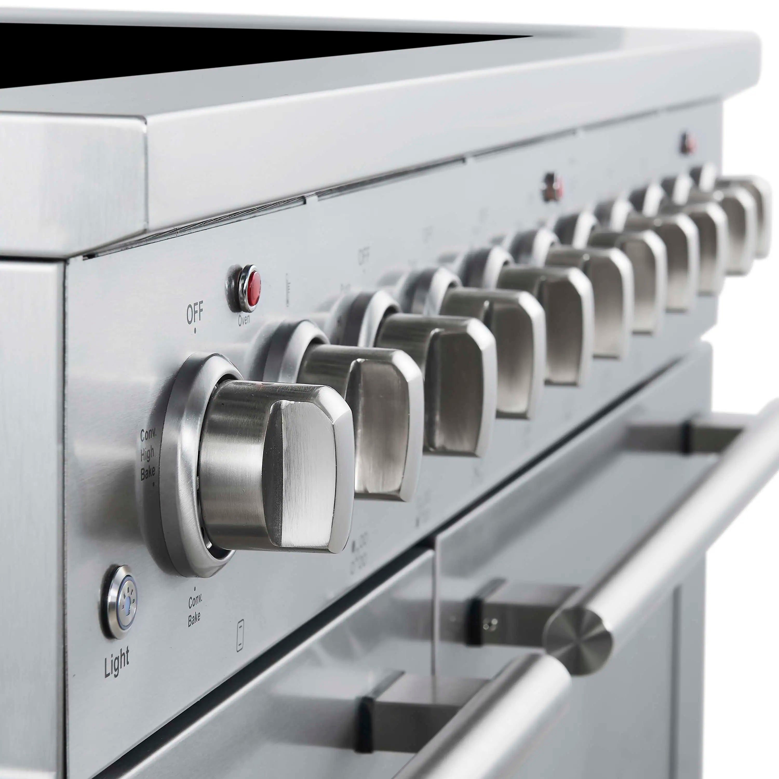 Stainless steel electric range control knobs row with rounded handles