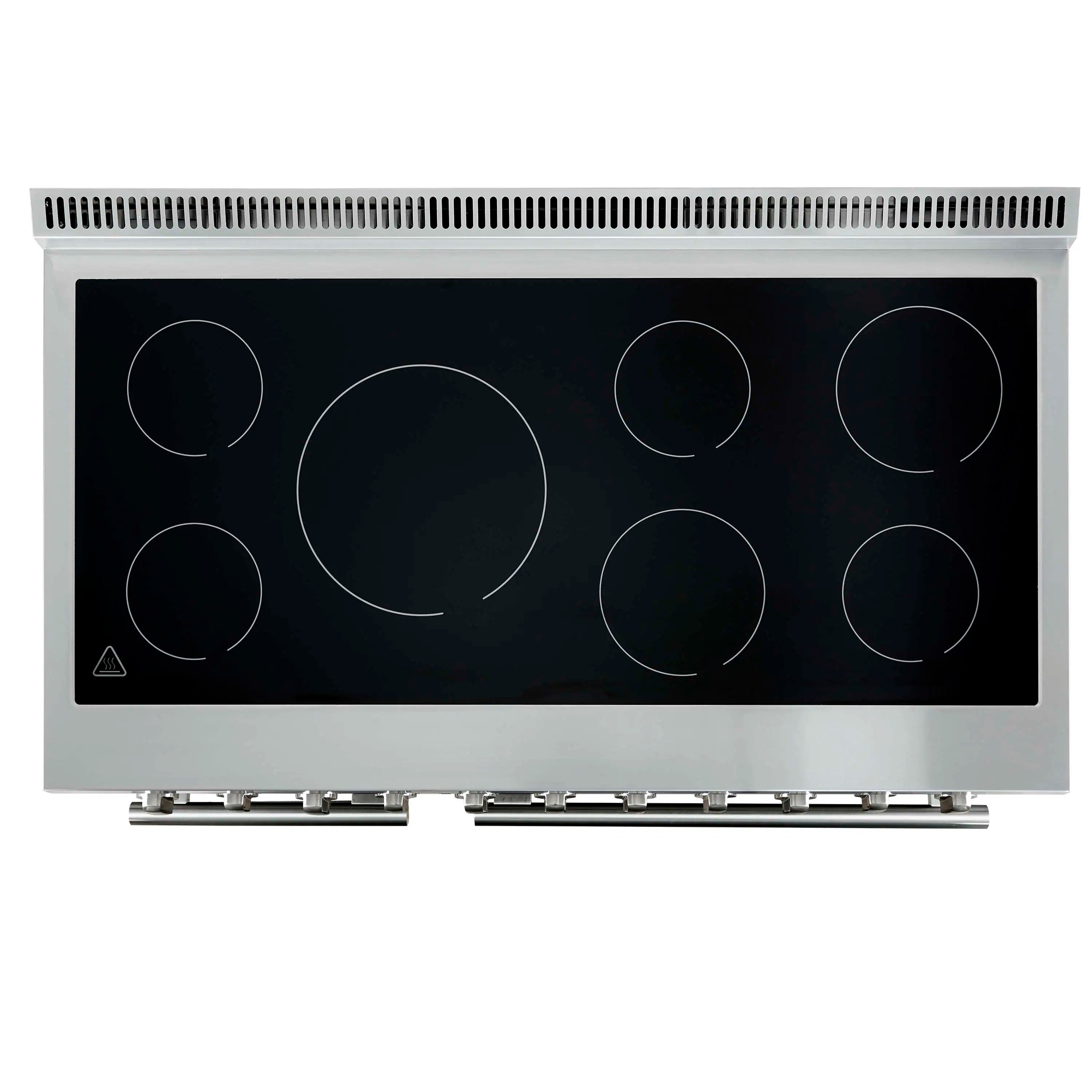 Black glass electric cooktop with circular burner outlines on stainless frame