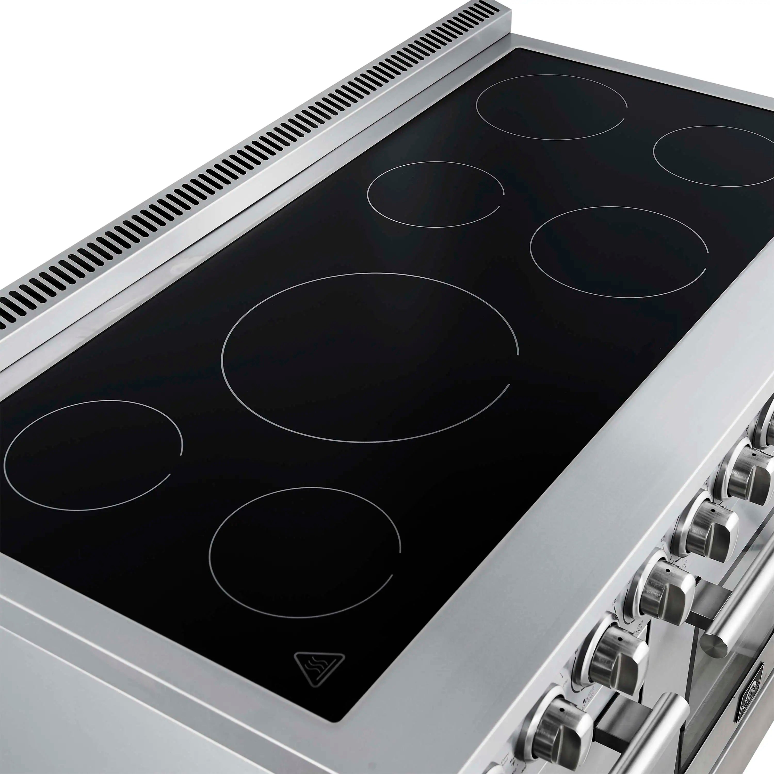 Stainless steel electric range cooktop angled view with four black ceramic glass elements