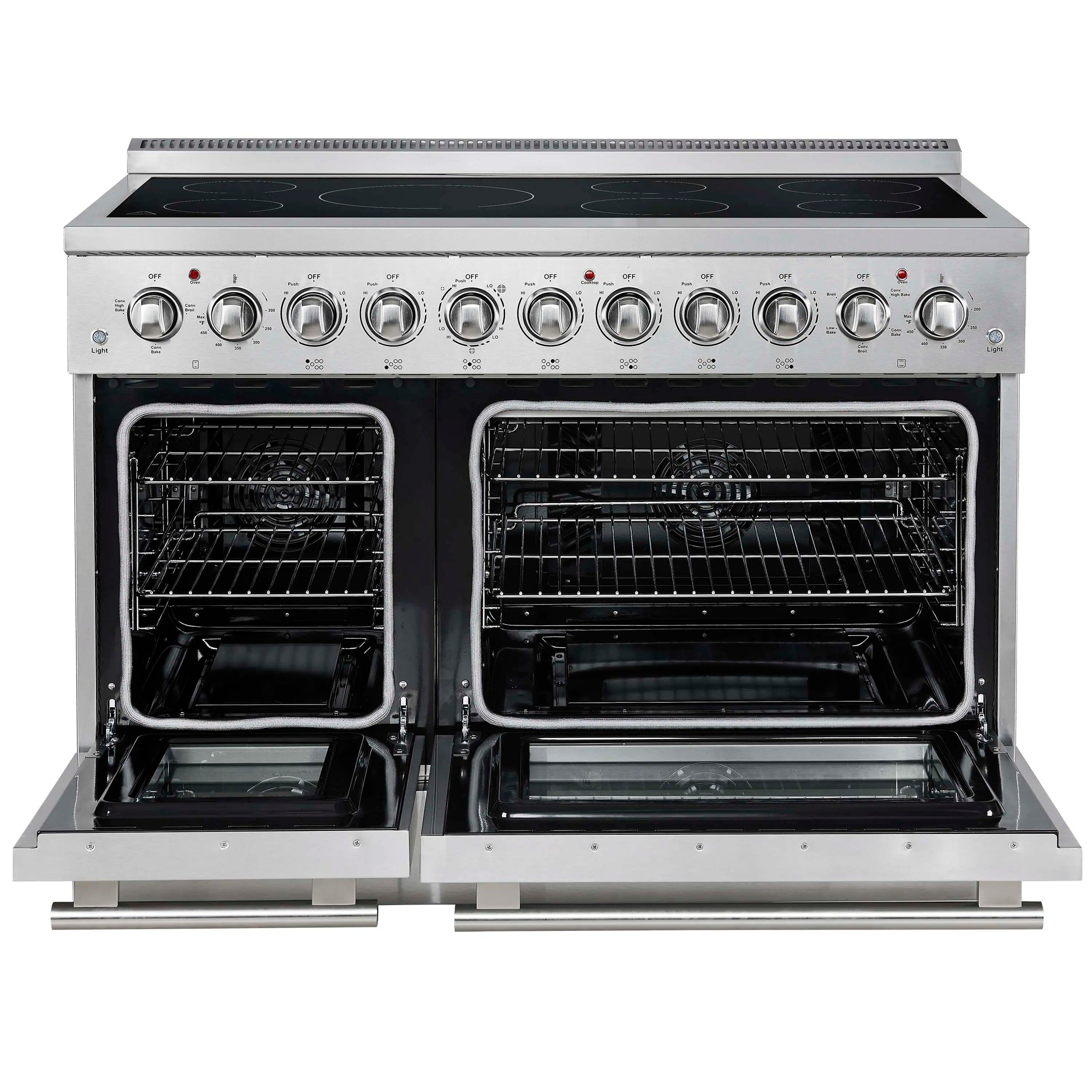 Stainless steel electric range with both ovens open, showing racks and interior cavity