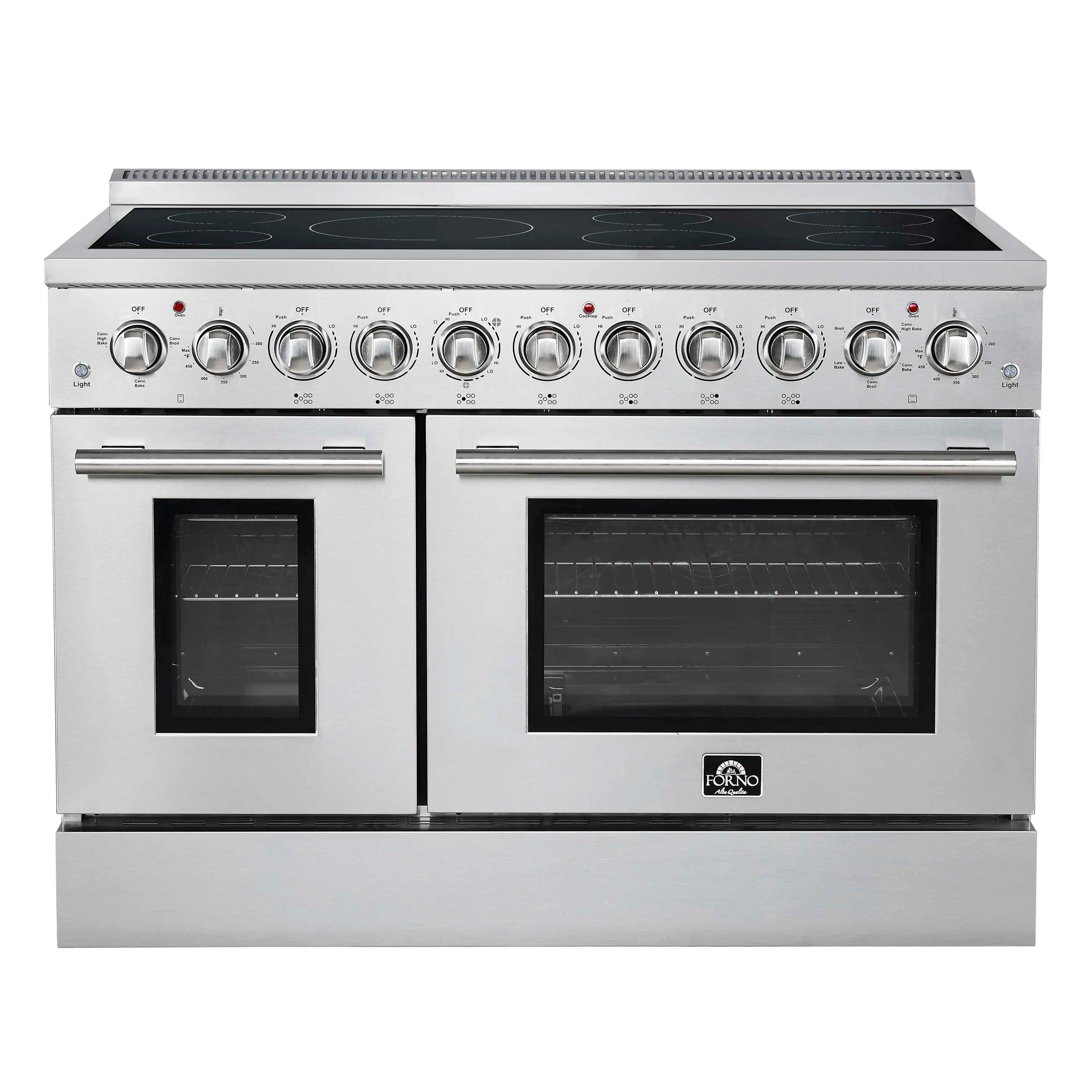 Stainless steel freestanding electric range with black glass cooktop and two oven doors