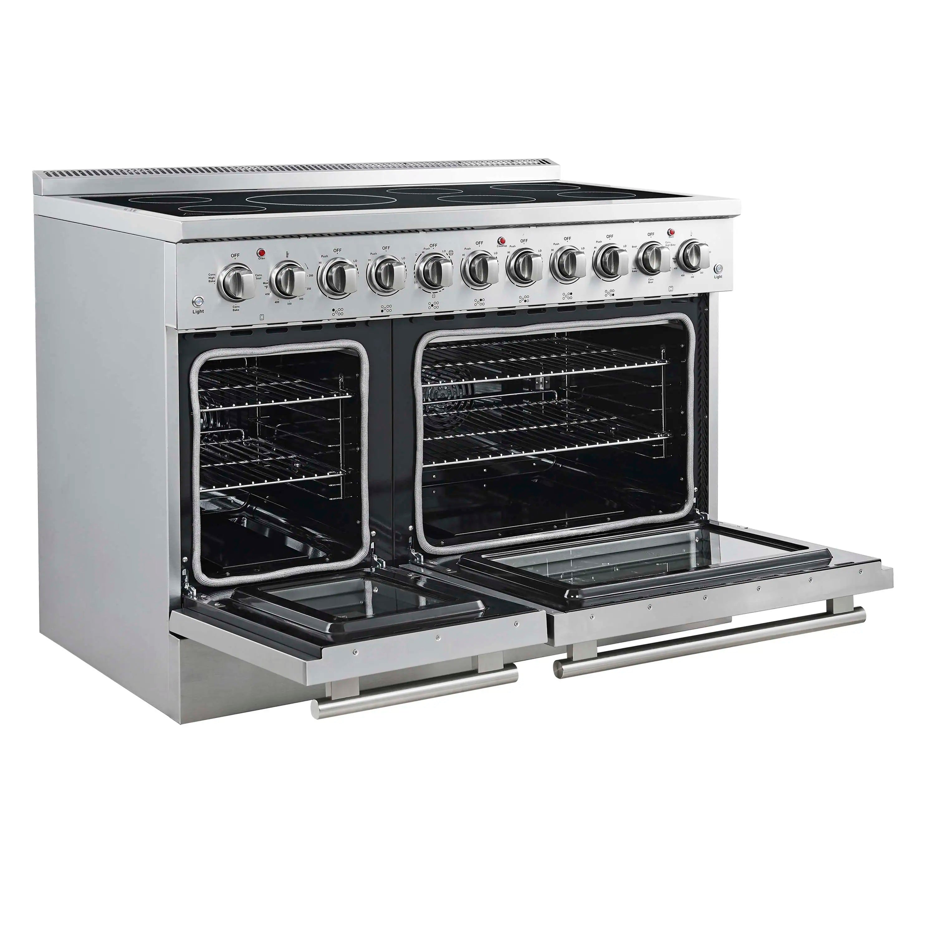 Stainless electric range ovens open with wire racks visible inside