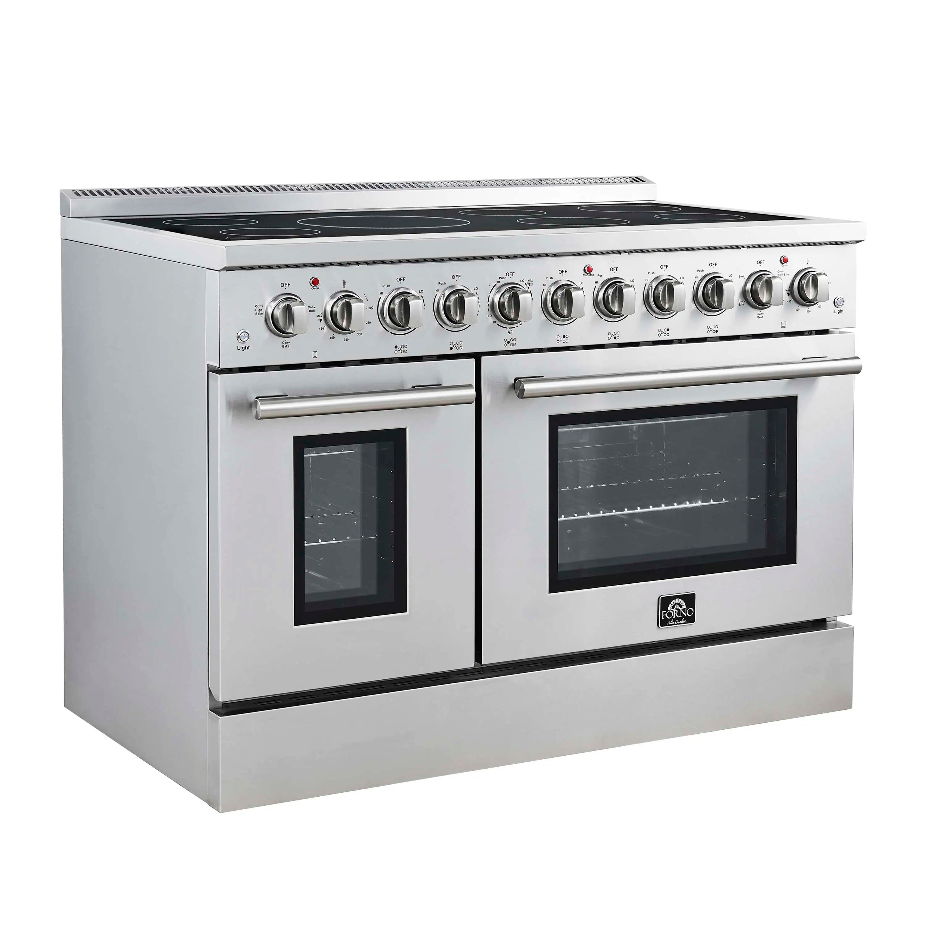 Stainless steel electric range with black glass oven doors and top cooktop surface