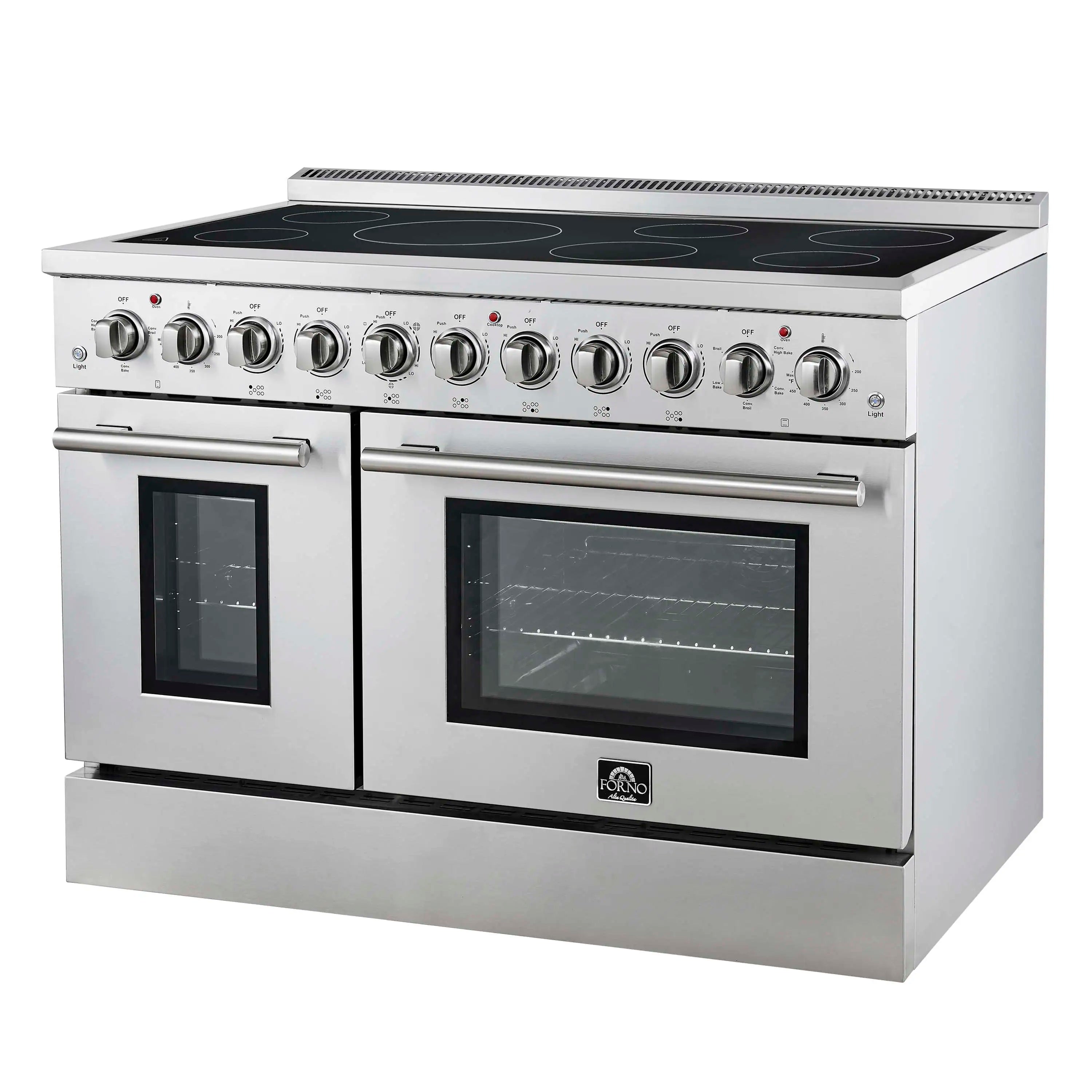 Stainless steel electric range with black cooktop, two oven windows, and front knobs