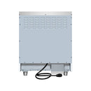 Back of freestanding electric range with vent panel, cords, and mounting points