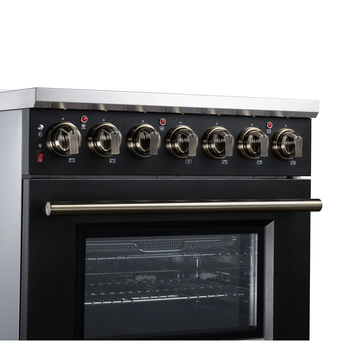 Front control panel with round burner knobs and oven door window
