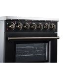 Front control panel with round burner knobs and oven door window