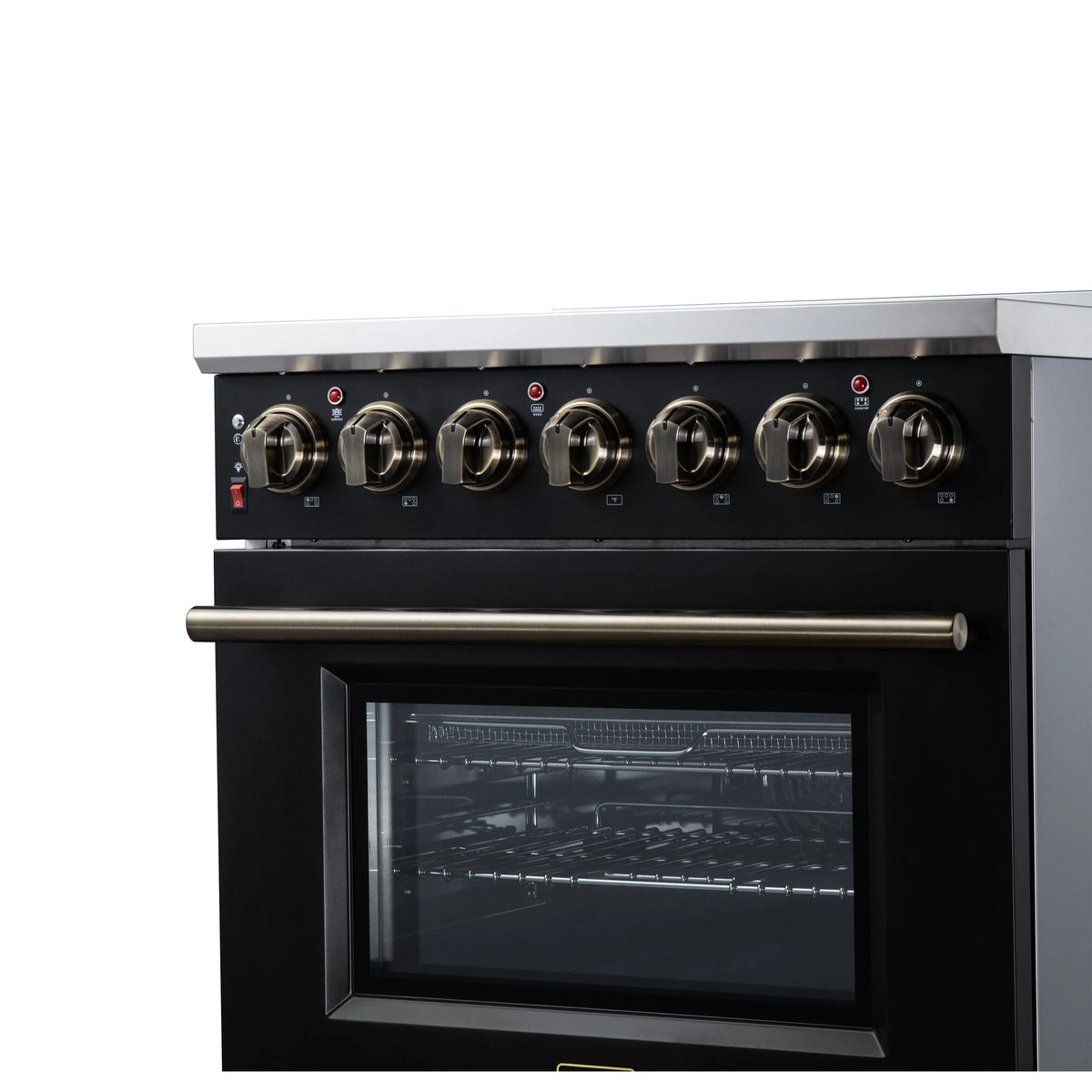 Front view of black electric range with burner knobs and oven door window