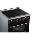 Black electric range cooktop with four radiant burner circles and metal control knobs