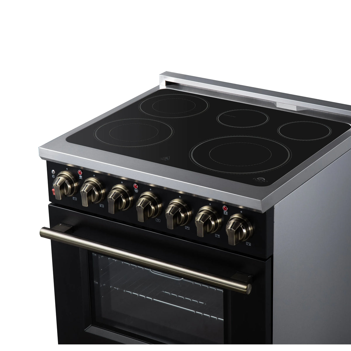 Black electric range with radiant cooktop and five burner circles, stainless trim