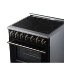 Black electric range with radiant cooktop and five burner circles, stainless trim