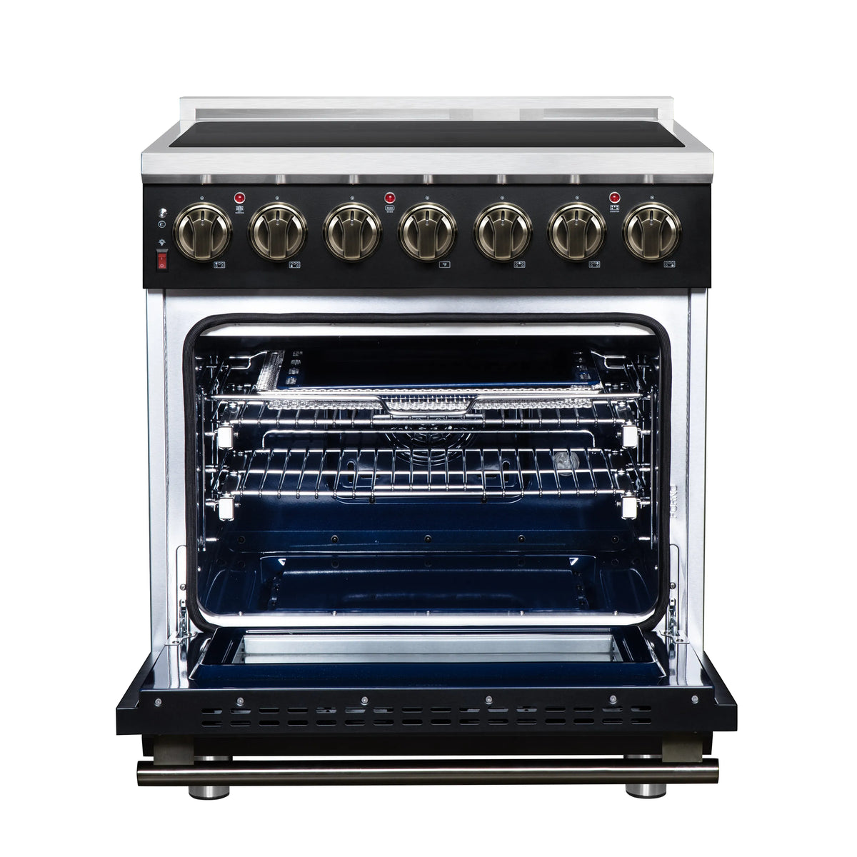 Black electric range with open convection oven cavity, racks, and heating element