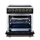 Black electric range with open convection oven cavity, racks, and heating element