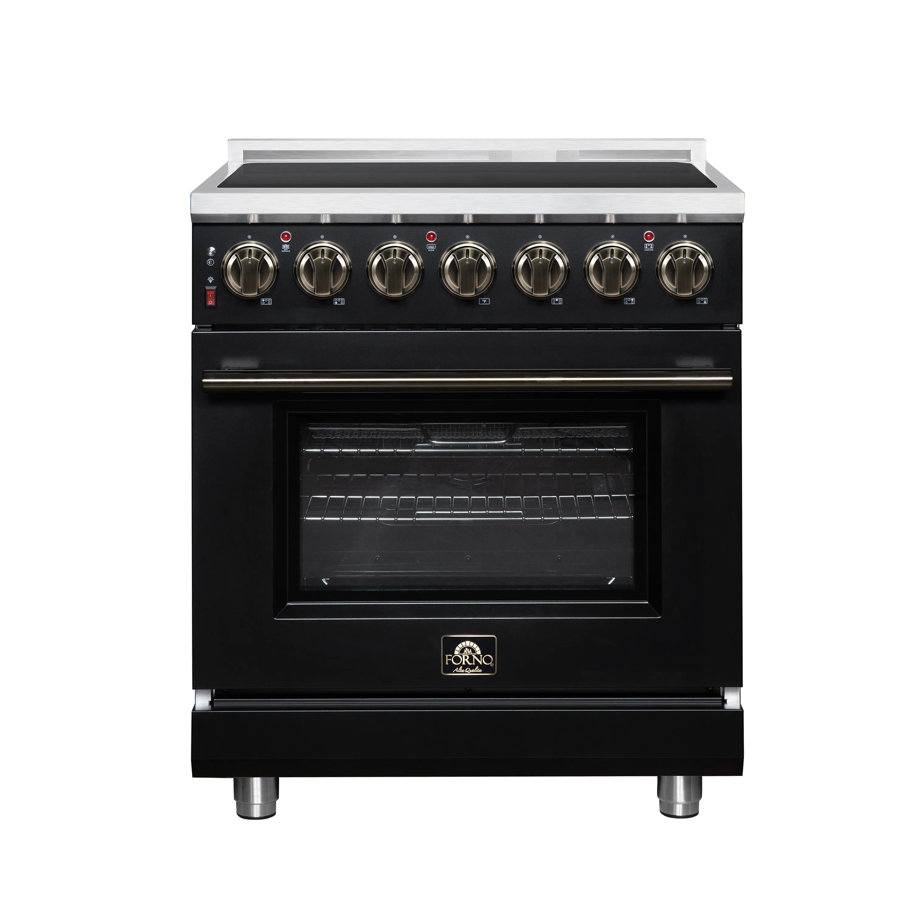 Black freestanding electric range with radiant cooktop, brass knobs, and oven door