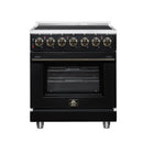 Black freestanding electric range with radiant cooktop, brass knobs, and oven door