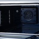 Convection oven interior close-up showing fan vent opening and side rack supports