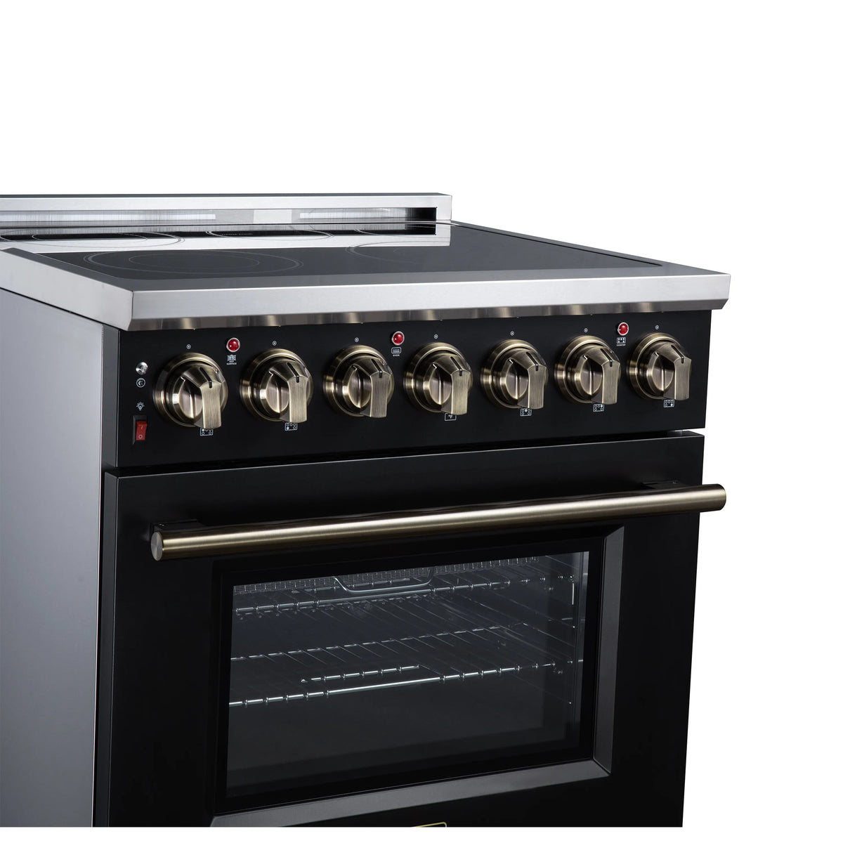 Black range angled view showing radiant cooktop controls and stainless backguard