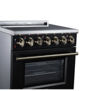 Black range angled view showing radiant cooktop controls and stainless backguard