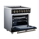 Black freestanding electric range with open convection oven door and rack inside