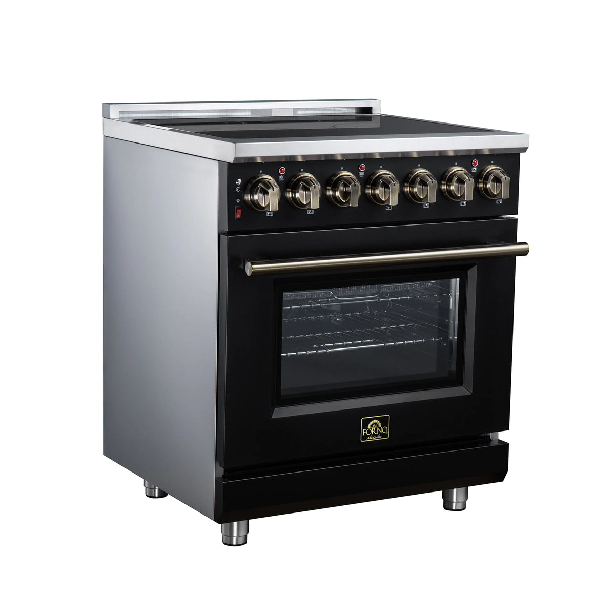 Black electric range with brass control knobs and glass oven window, stainless top