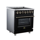 Black electric range with brass control knobs and glass oven window, stainless top