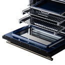 Electric oven door open with wire rack and heating elements, front view