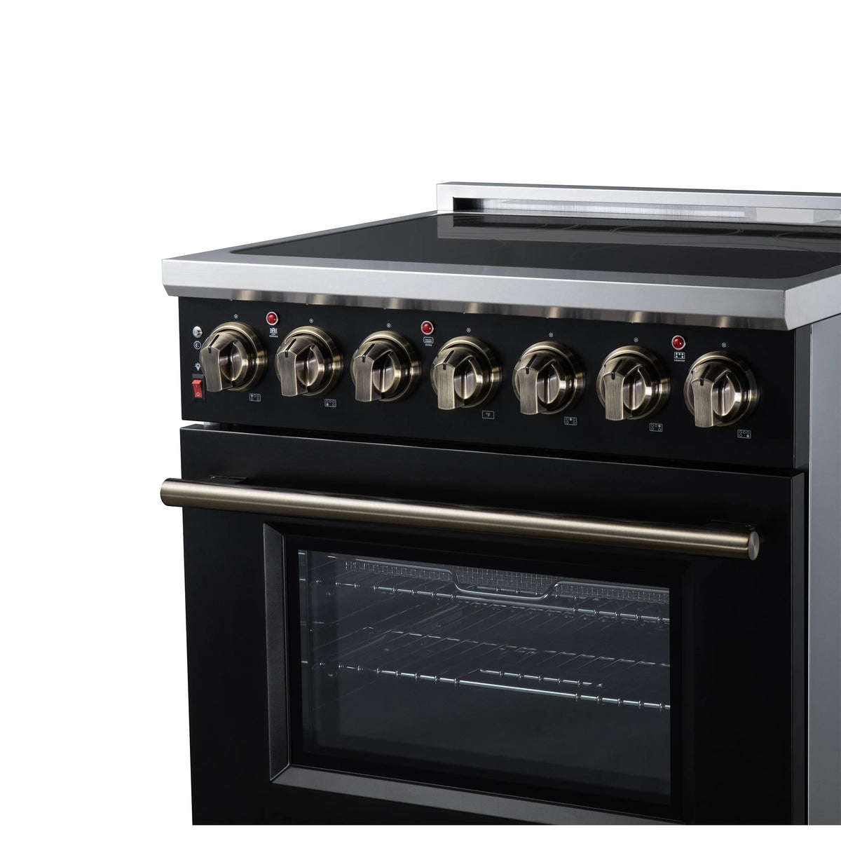 Black electric range front with burner knobs and closed oven door