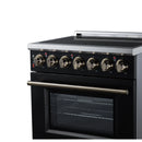 Black electric range front with burner knobs and closed oven door