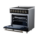 Black electric range with oven door open, racks visible and control panel above
