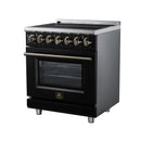 Black freestanding electric range with stainless backguard and control knobs