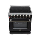 Black freestanding electric range with glass cooktop and closed oven door