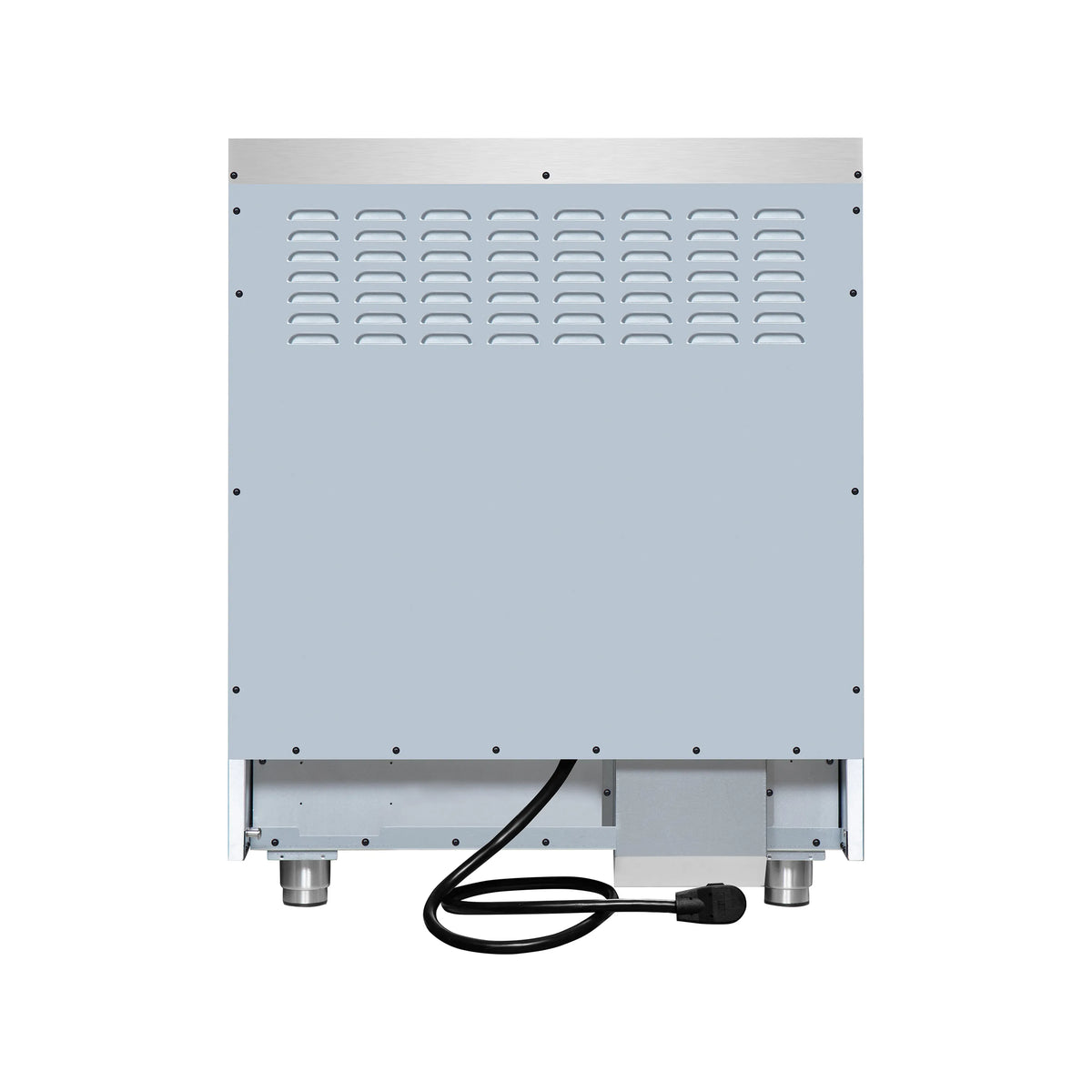 Underside of white electric range with vented panel and power cord