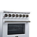White electric range front view with stainless control panel, six knobs, oven window