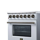 White freestanding electric range with radiant cooktop, brass-toned handle, oven window